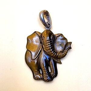 Carved Tiger Eye Elephant and Sterling Pendant
